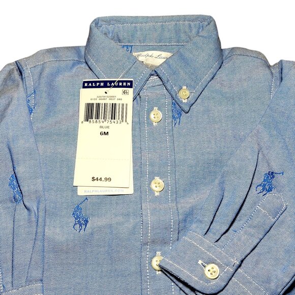 Polo Ralph Lauren Chambray Blue Baby Shirt Allover Pony Logo Long Sleeve, 6M NWT - Picture 5 of 14
